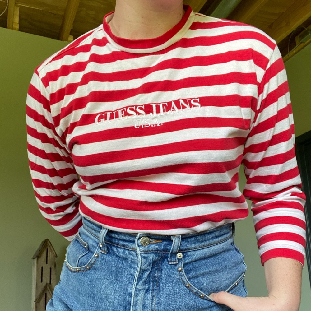 Vintage Guess Jeans red and white striped mock neck 3/4 sleeve shirt L